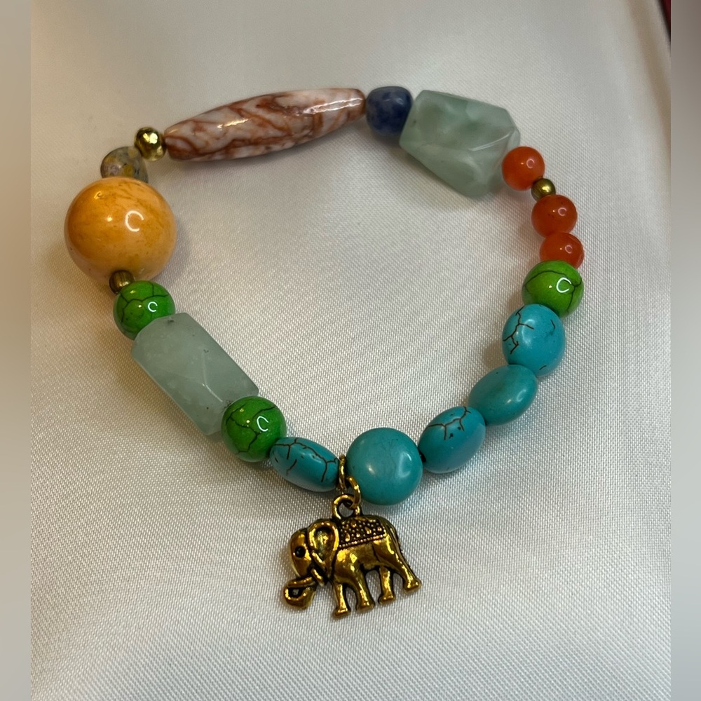 Artisan Multicolored Gemstone Beaded Bracelet with Elephant Charm New
